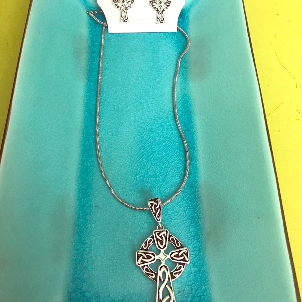 Celtic cross embossed necklace and earrings.